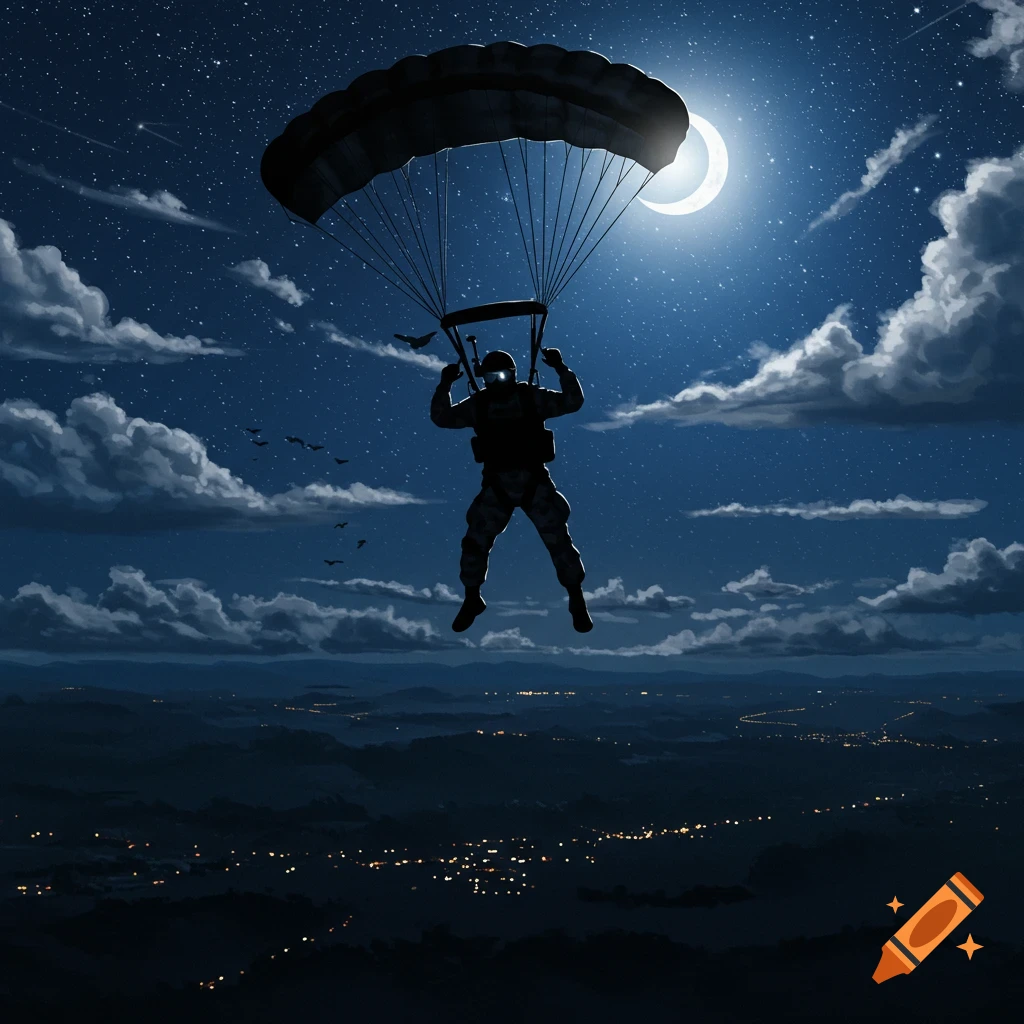 A silhouetted military parachutist descends with a parachute under a starry night sky with a crescent moon over city lights, illustrated.