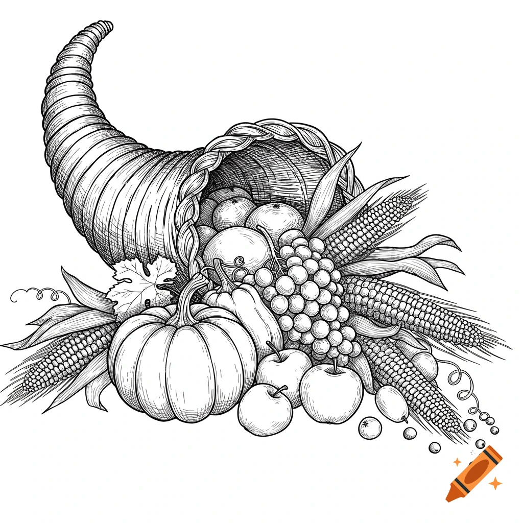 Black and white line art drawing of a cornucopia overflowing with pumpkins, corn, grapes, and various harvest produce.