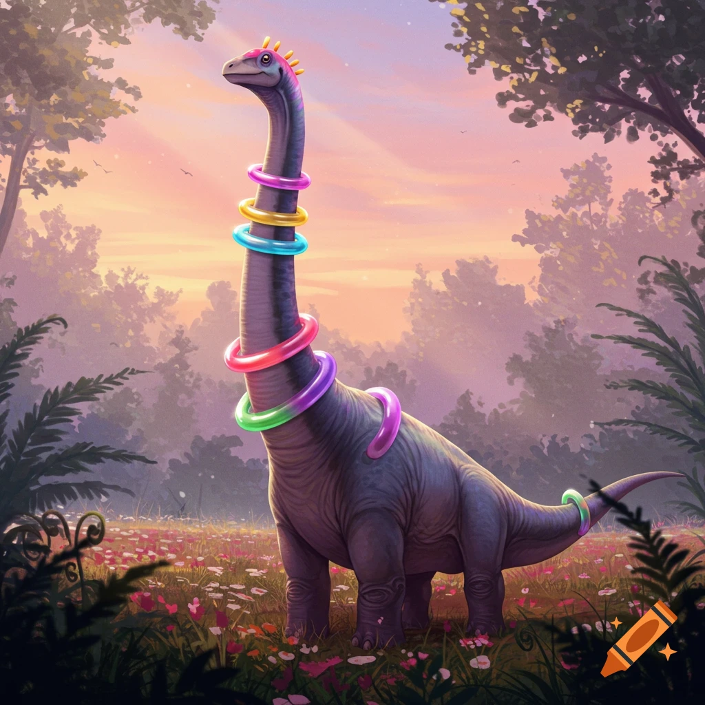 A long-necked dinosaur wearing rainbow-colored stacking rings around its neck and tail, standing in a field of wildflowers at sunset.