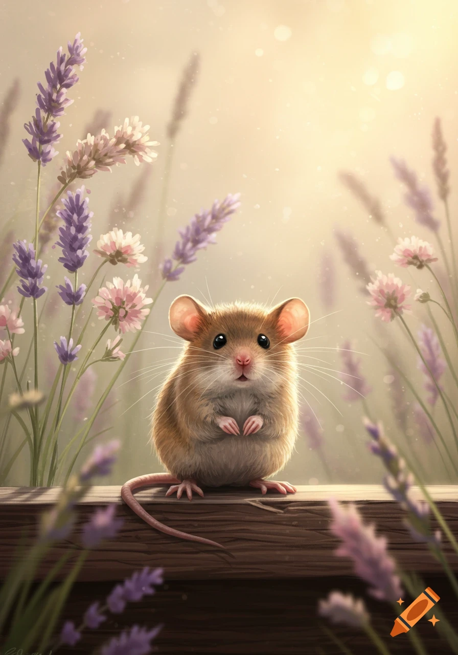 A cute, fluffy brown mouse sits on a wooden beam among soft purple and pink lavender flowers in a sunny, dreamy illustration.