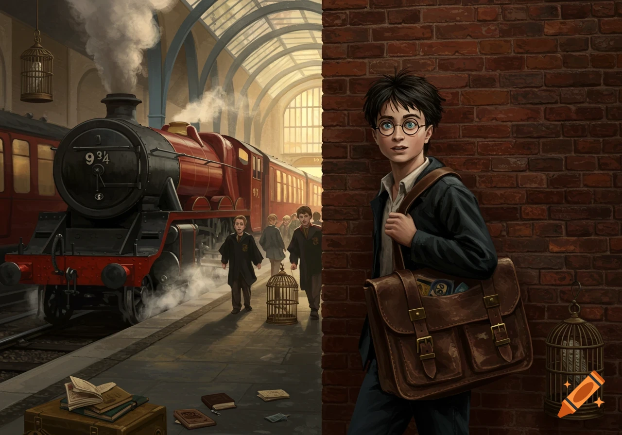 Illustrated Harry Potter with a bag beside a brick wall, observing a steaming red train marked '9 3/4' at a station platform with other students.