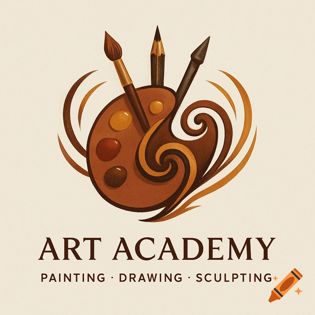 A logo for an Art Academy, featuring a painter's palette with paint, a paintbrush, and pencils in brown and gold tones, with text "ART ACADEMY PAINTING  DRAWING  SCULPTING".
