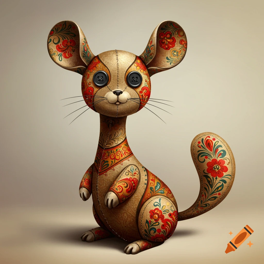 A stylized chinchilla plush toy with button eyes, long neck, and colorful Russian floral ornamentation.