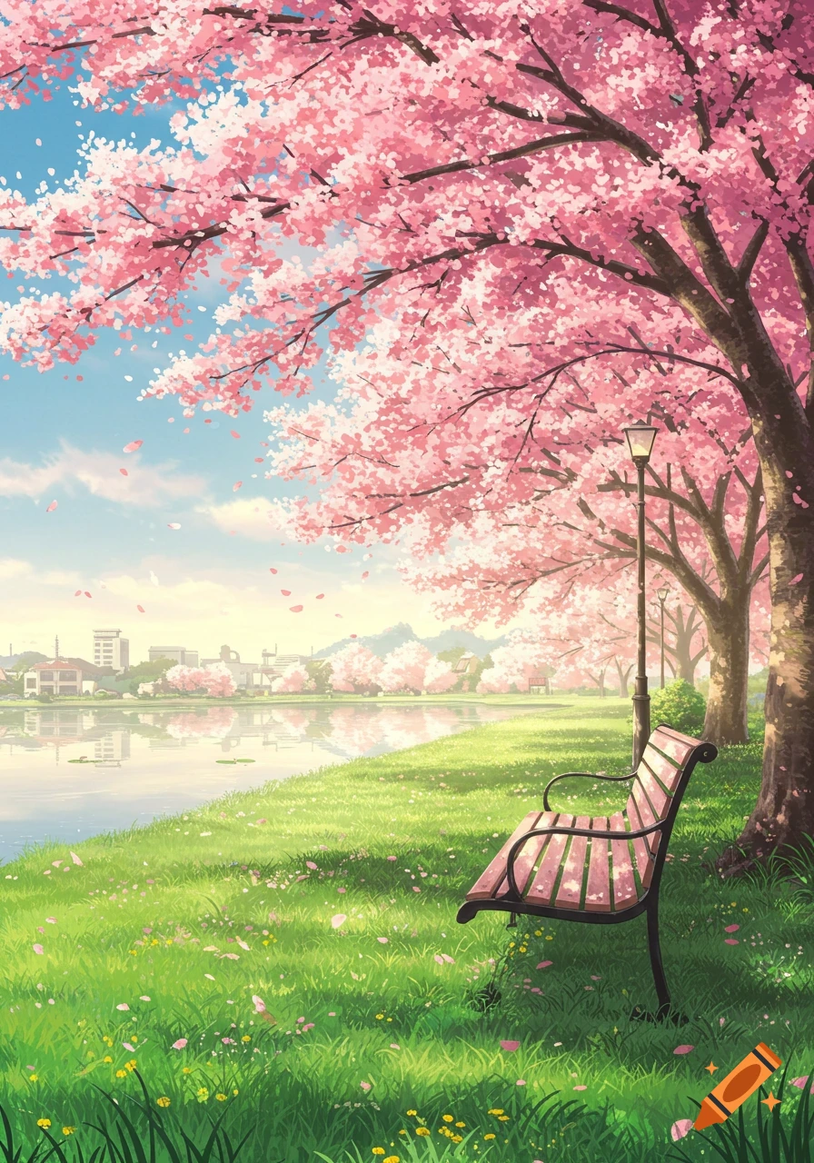 An anime-style park with vibrant pink cherry blossom trees, a peaceful lake reflecting the sky, green grass, and a bench.