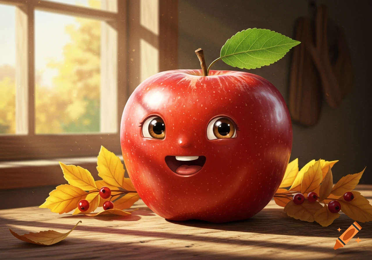 A smiling, cartoon red apple with big eyes and a leaf on its stem sits on a wooden table with autumn leaves, bathed in sunlight.