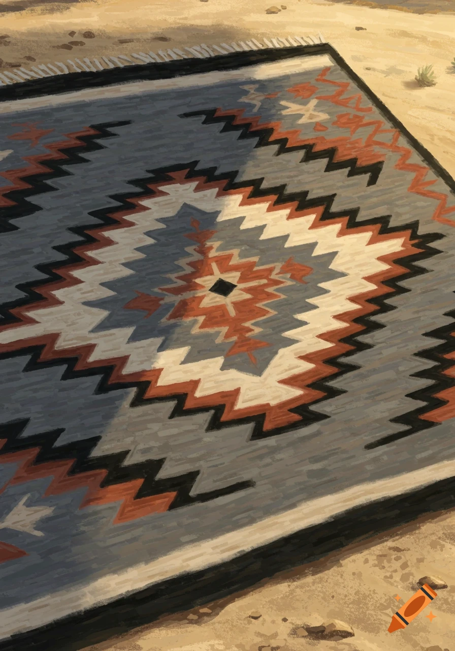 A gray, black, and orange patterned Navajo rug with zigzag designs lies on sandy ground in a painterly style.