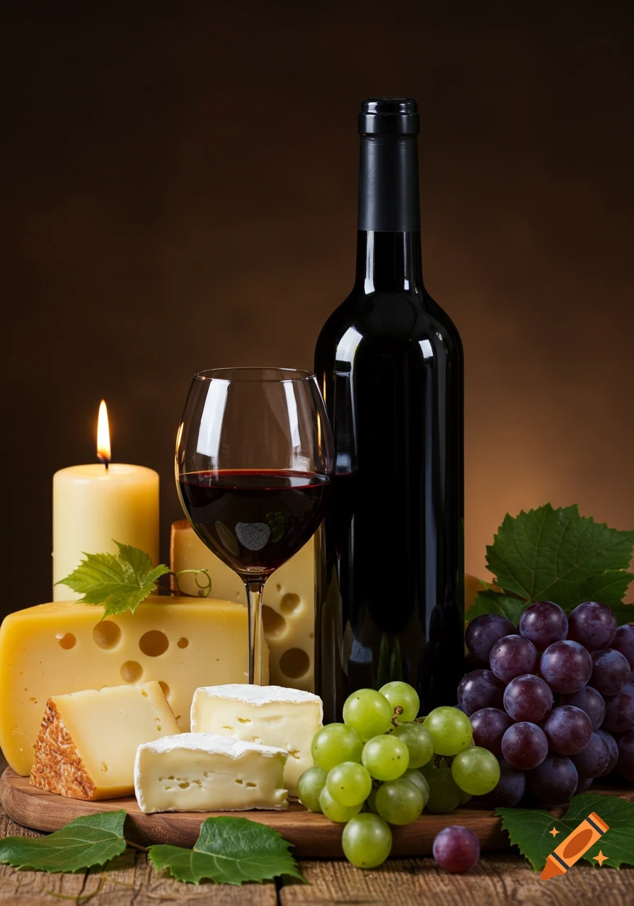 A still life photo of a dark wine bottle, a glass of red wine, various cheeses, green and purple grapes, and a lit candle on a wooden table.