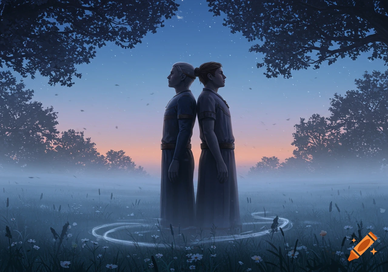 Two robed figures stand back to back in a mystical, misty field at twilight, framed by trees and glowing rings in the grass. Digital art.