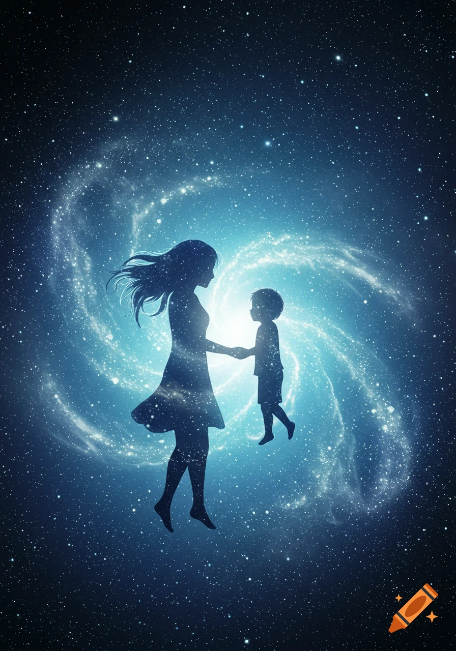 A stylized silhouette of a mother and child holding hands against a swirling blue galaxy filled with stars.