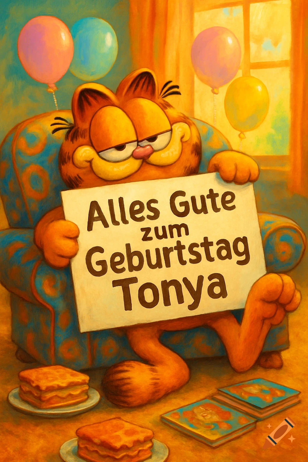 Garfield, the orange cat, sits in an armchair, holding a sign that says 'Alles Gute zum Geburtstag Tonya', with balloons and desserts.