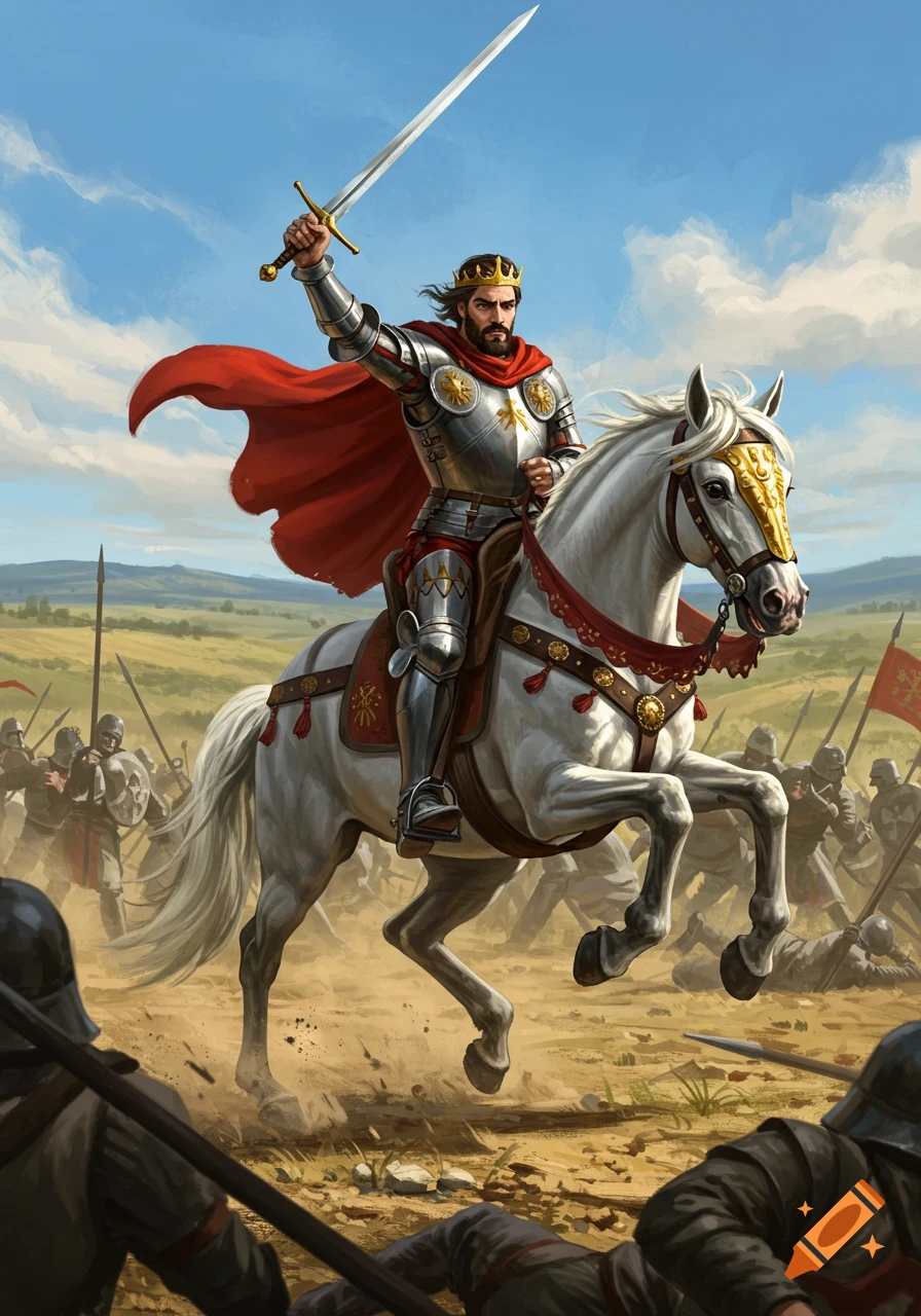 A king on a white horse, wearing armor and a red cape, raises a sword in a dynamic battle scene with soldiers fighting.