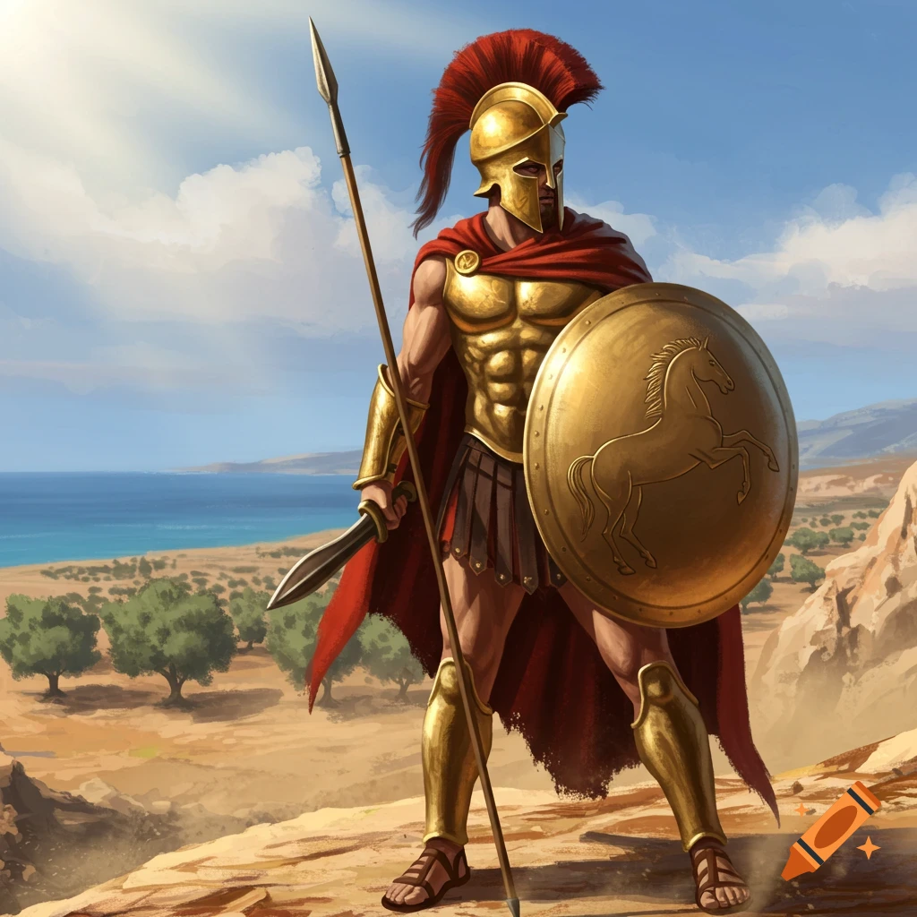 A Spartan warrior in gold armor and red cape, holding a spear and a shield with a horse emblem, on a rocky cliff by the sea.