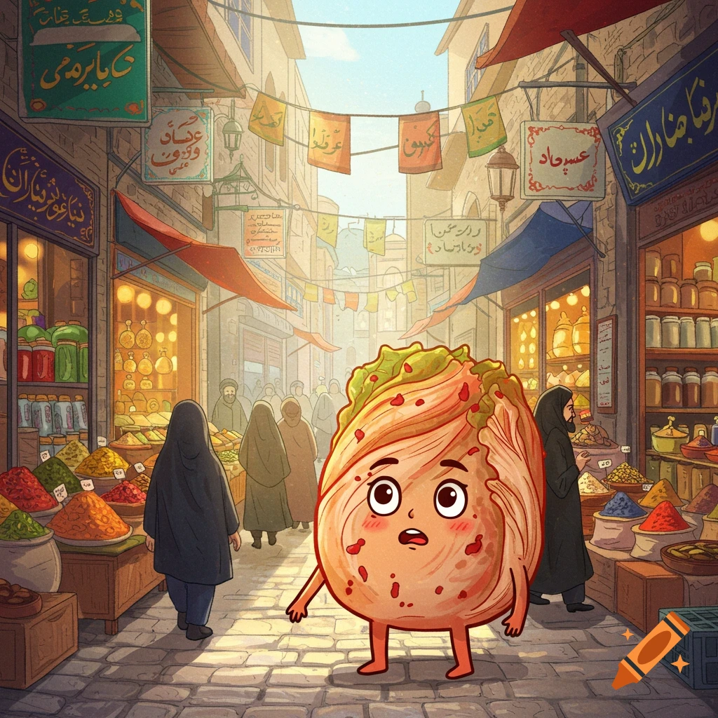 A confused, lost cartoon kimchi character stands in a colorful, humorous illustration of a busy Iranian street market.