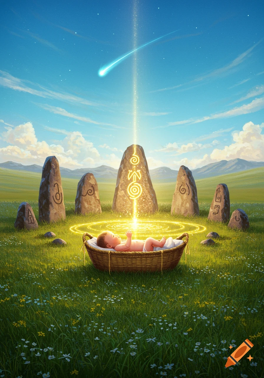 A baby lies in a wicker basket in a grassy field with wildflowers, surrounded by glowing runestones. A light beam connects a shooting star to the central stone and the baby.