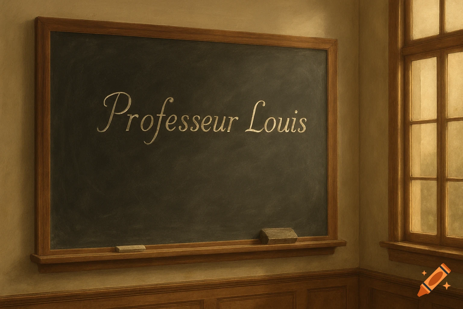 A wooden-framed blackboard with 'Professeur Louis' written in cursive, next to a window in a warm-toned room.