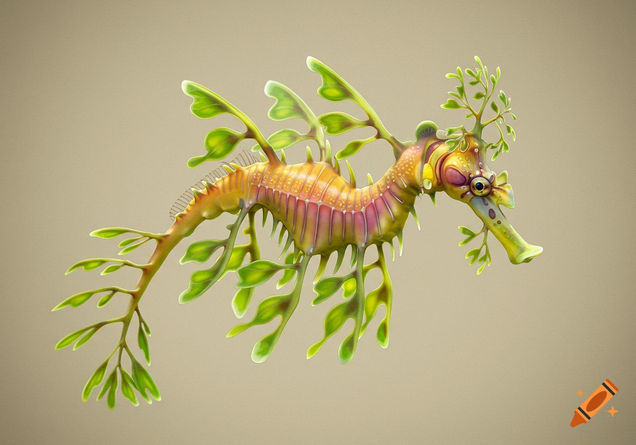 A vibrant, detailed illustration of a leafy sea dragon with yellow, pink, and green colors, featuring leaf-like extensions, against a plain background.