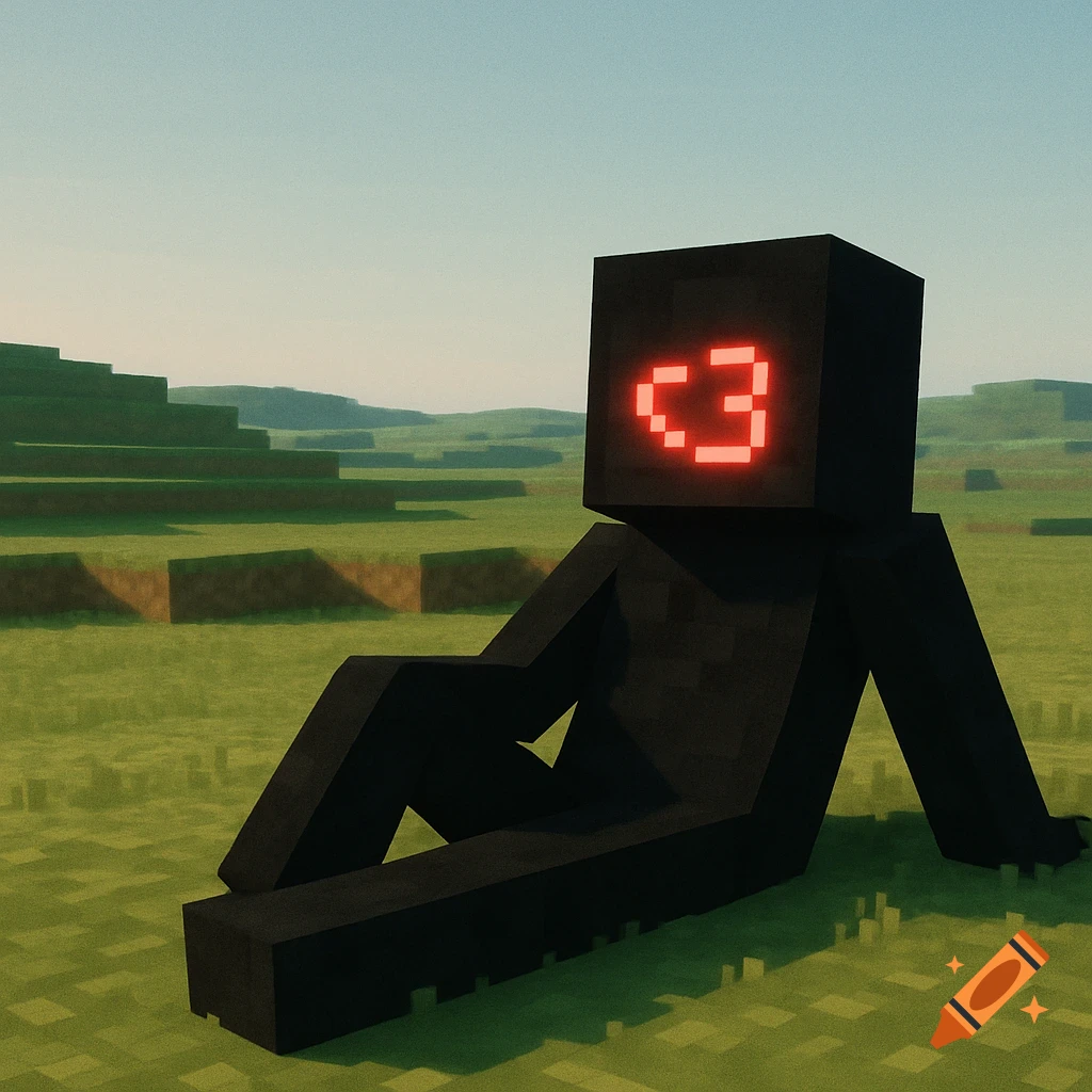 A black Minecraft-style character with a glowing red pixel heart for a face relaxes in a grassy field under a clear sky.