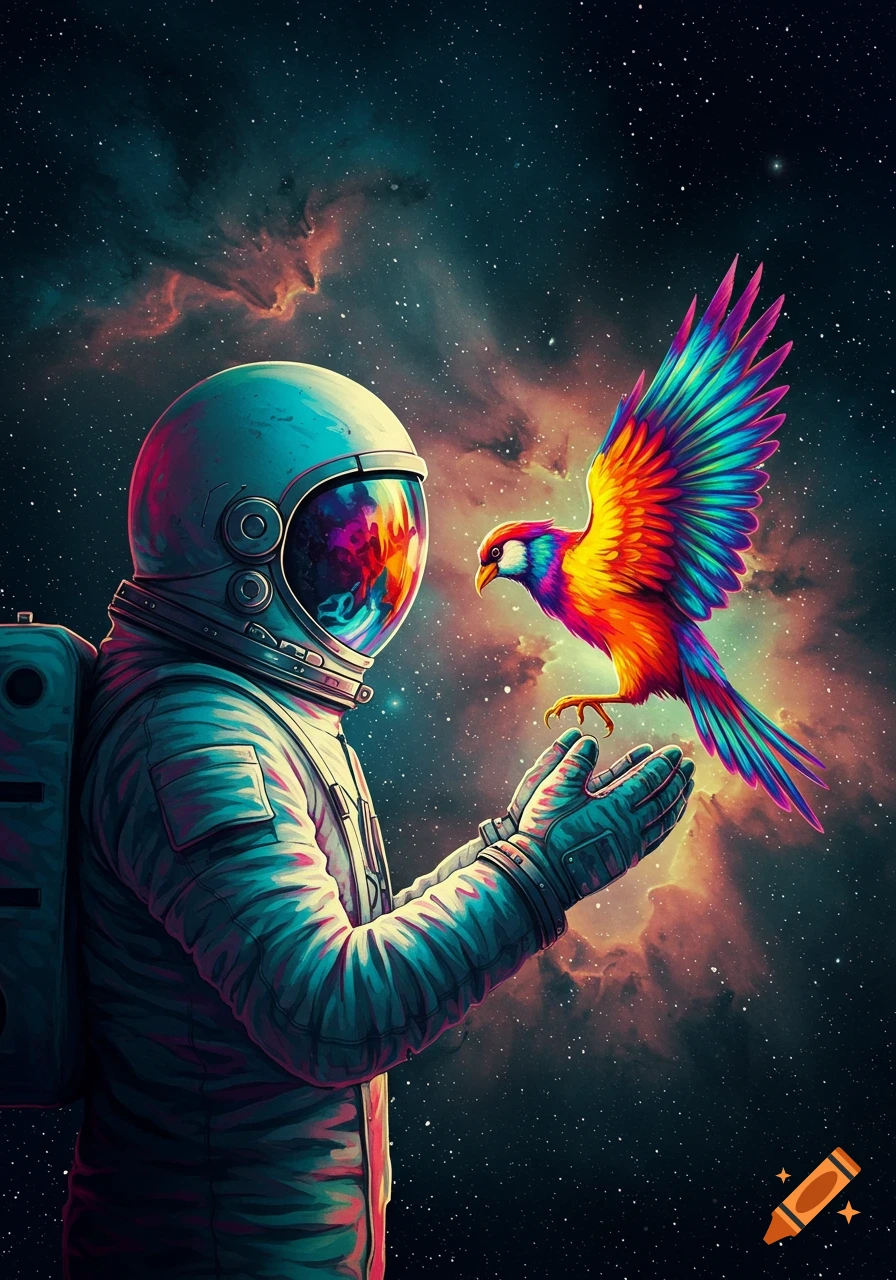 A pop art style image of an astronaut holding a colorful bird in space, with a nebula background.