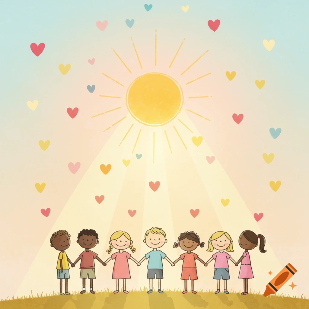 An illustration of diverse children holding hands on a grassy hill, with a shining sun and colorful hearts in the sky above them.
