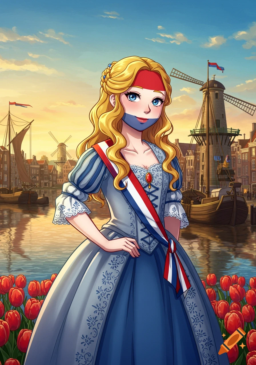 Anime girl with Dutch flag colors on her face and sash, standing before windmills, canals, and tulips in a stylized setting at sunset.