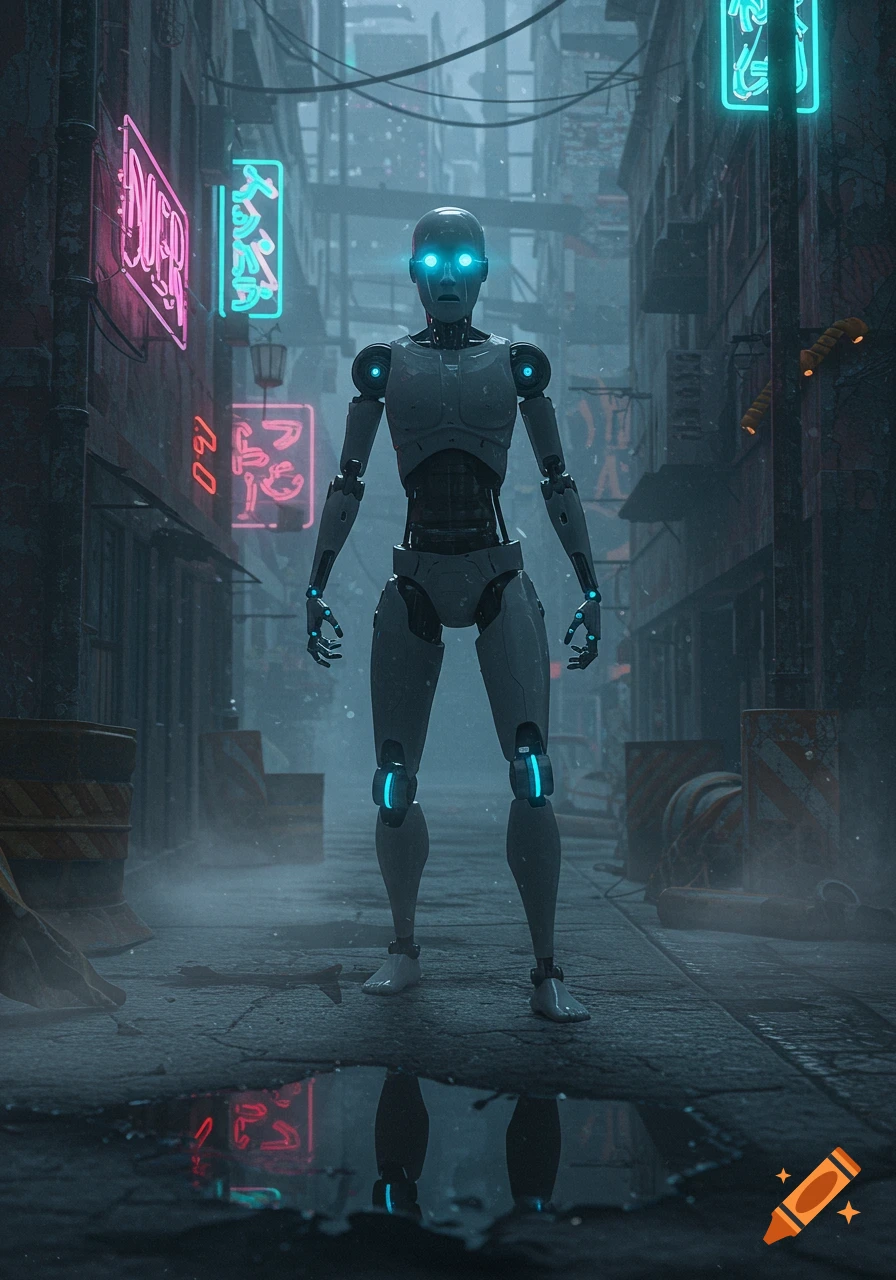 A grey humanoid robot with glowing blue eyes and joints stands in a dark, wet cyberpunk alley with neon signs and reflective puddles.
