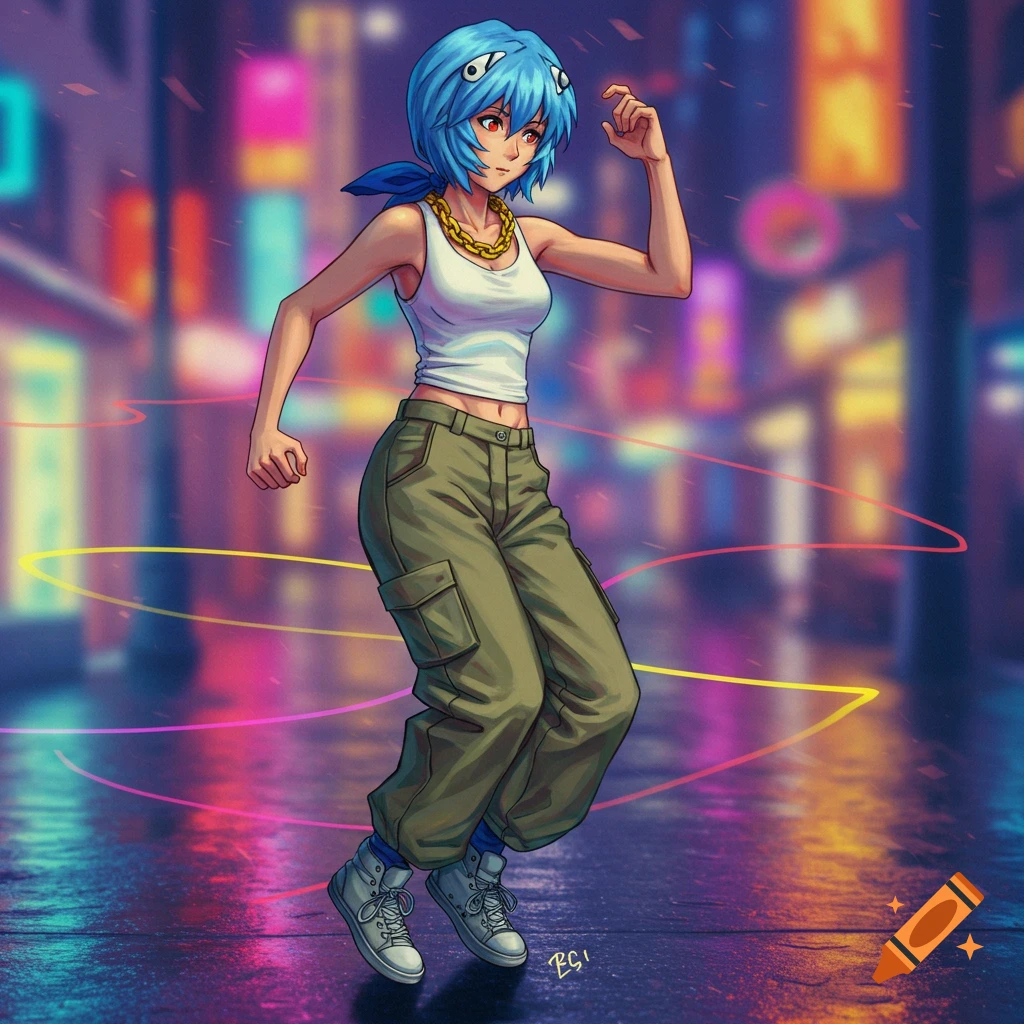 Anime illustration of Rei Ayanami in a white tank top, baggy khaki pants, blue bandana, and golden chain, doing a c-walk on a wet neon-lit city street at night.