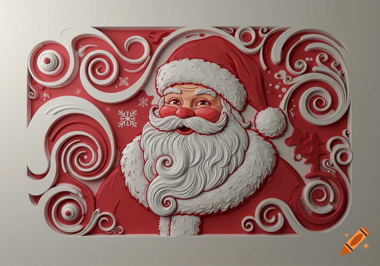Bas-relief art of Santa Claus in red and white with decorative swirls and snowflakes.