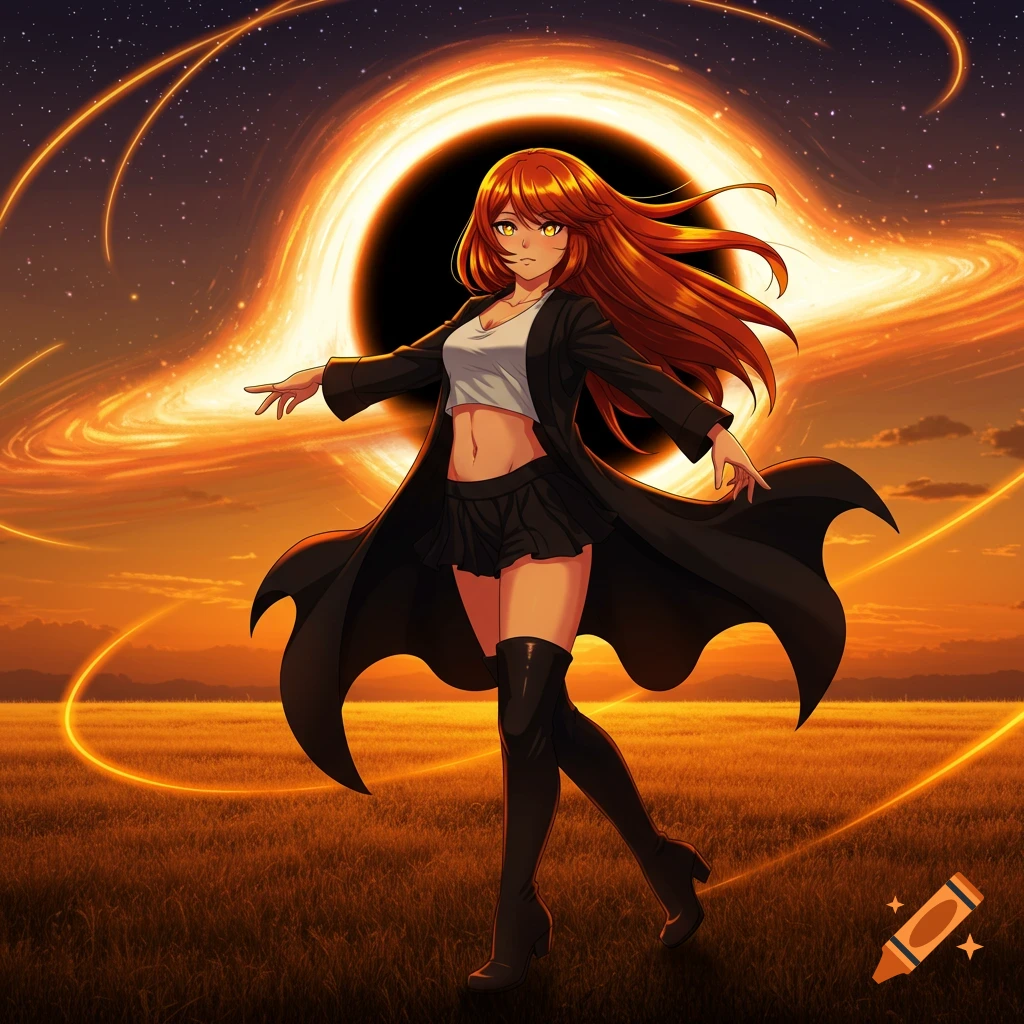Anime girl with red hair, crop top, skirt, and long coat stands in a field with a glowing black hole and starry sky behind her.