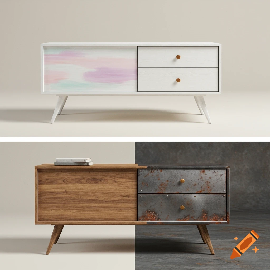 Two sideboards in a split image: one white with pastel hues, the other a blend of natural wood and distressed rusty metal.