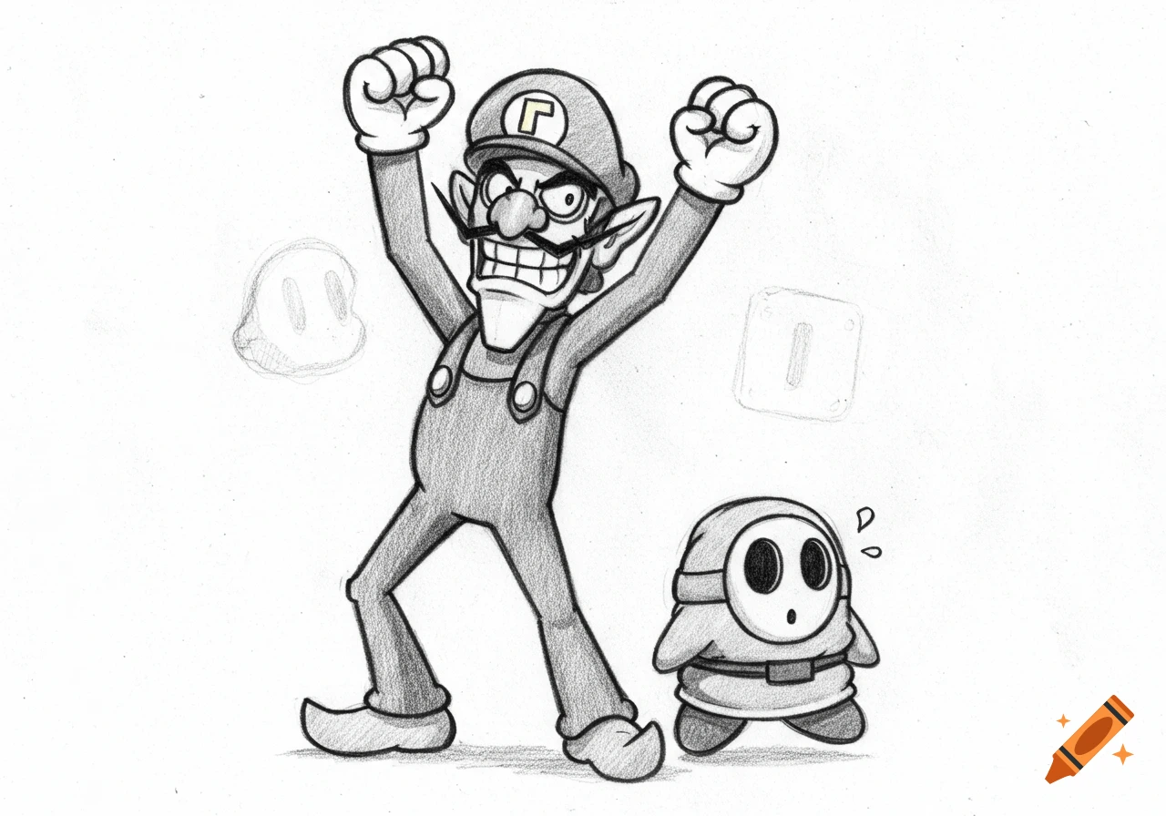 Pencil sketch of an excited Waluigi with arms raised, standing next to a surprised Shy Guy.