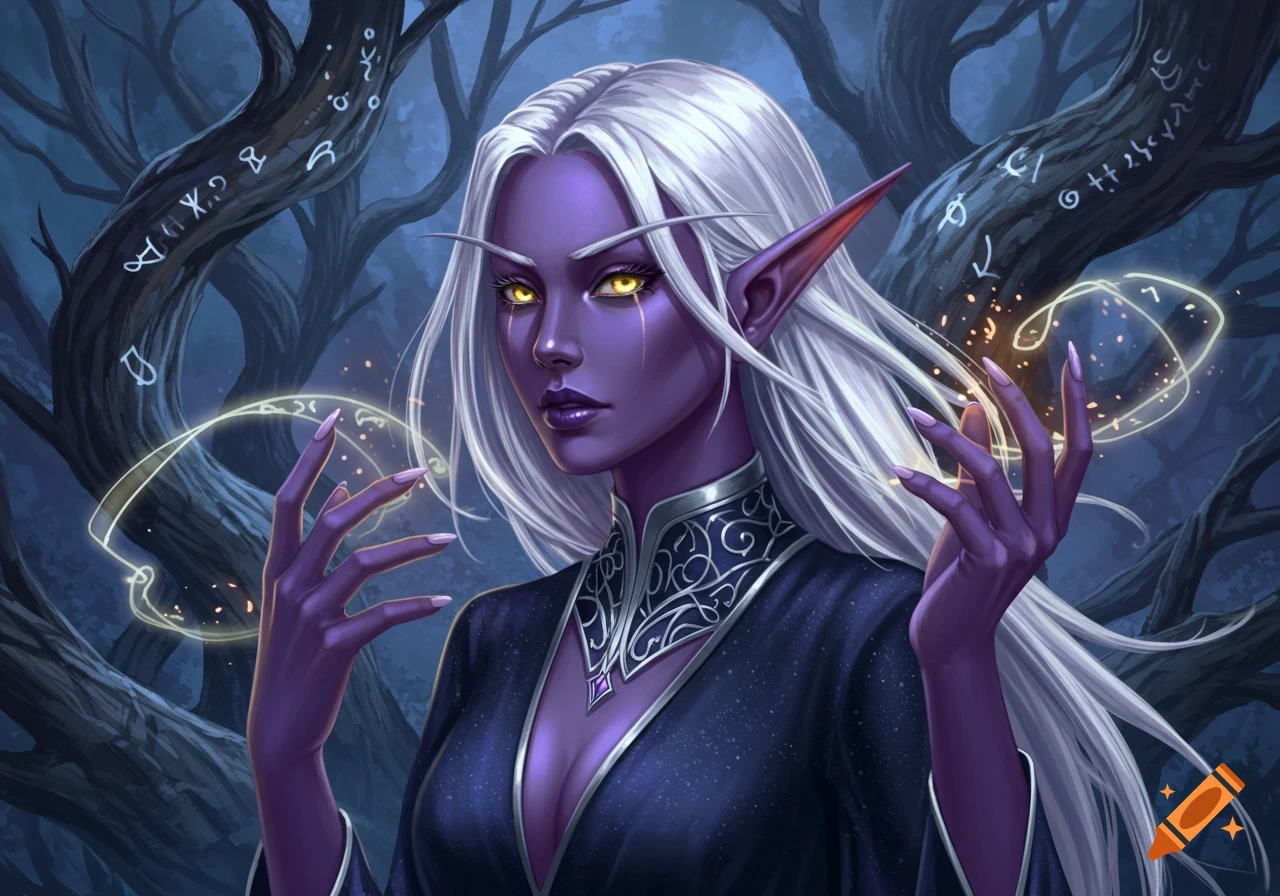 A purple-skinned dark elf woman with long white hair, yellow eyes, and pointed ears, casting magic in a dark, forested background.