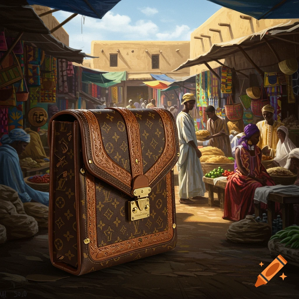 A luxurious brown handbag with gold accents and patterns, similar to Louis Vuitton, sits prominently in a vibrant Bamako market scene.