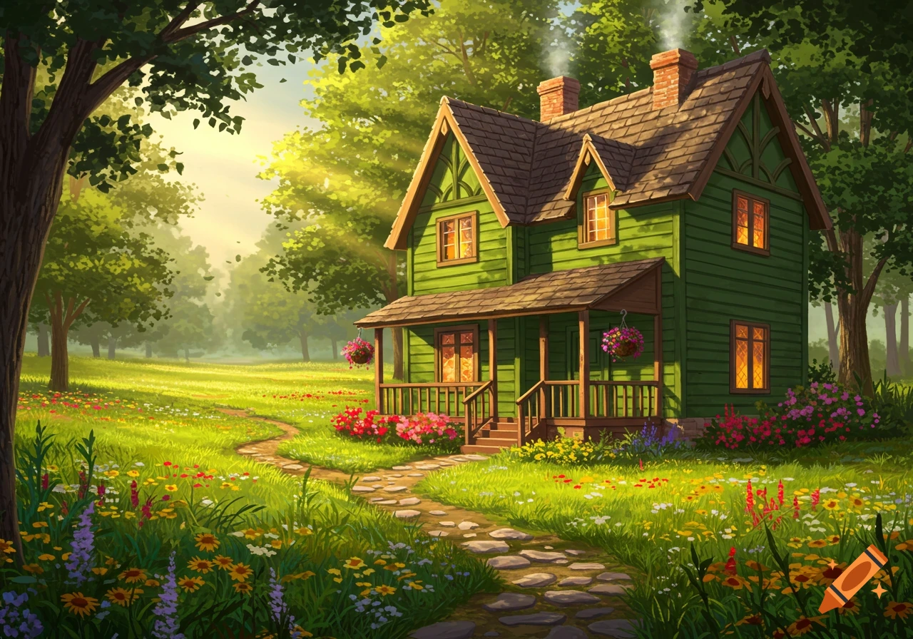 A green cottage house with a porch and two chimneys, nestled in a vibrant, sunlit meadow filled with colorful wildflowers and trees.
