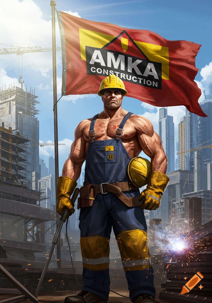 A muscular construction worker in a yellow hard hat and blue overalls stands in front of a red flag with "AMKA CONSTRUCTION" and a city skyline. Welding sparks fly in the foreground. Stylized art.