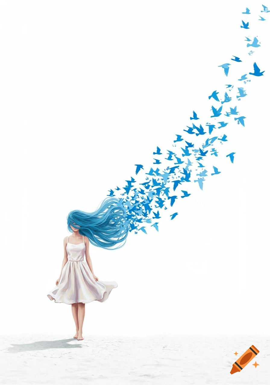A barefoot girl in a white dress stands on a white ground, her long blue hair transforming into a flock of blue birds flying upwards.
