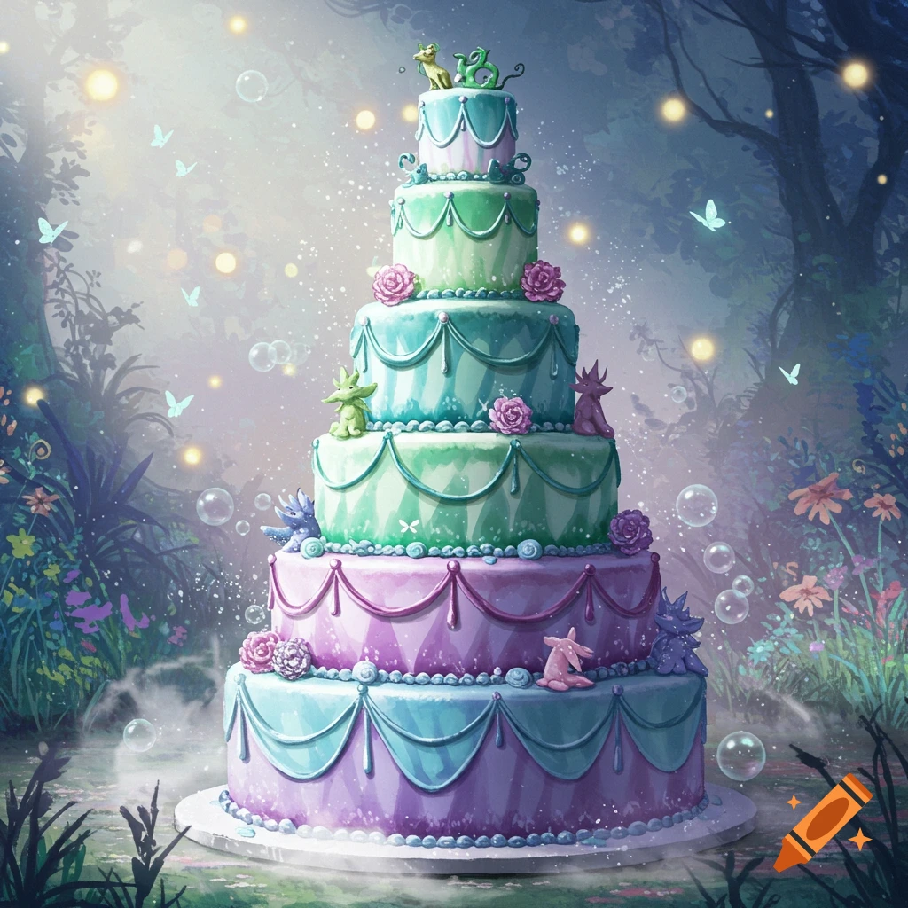 A multi-tiered fantasy cake with dragons and roses in a magical forest, painted in a vibrant watercolor style.