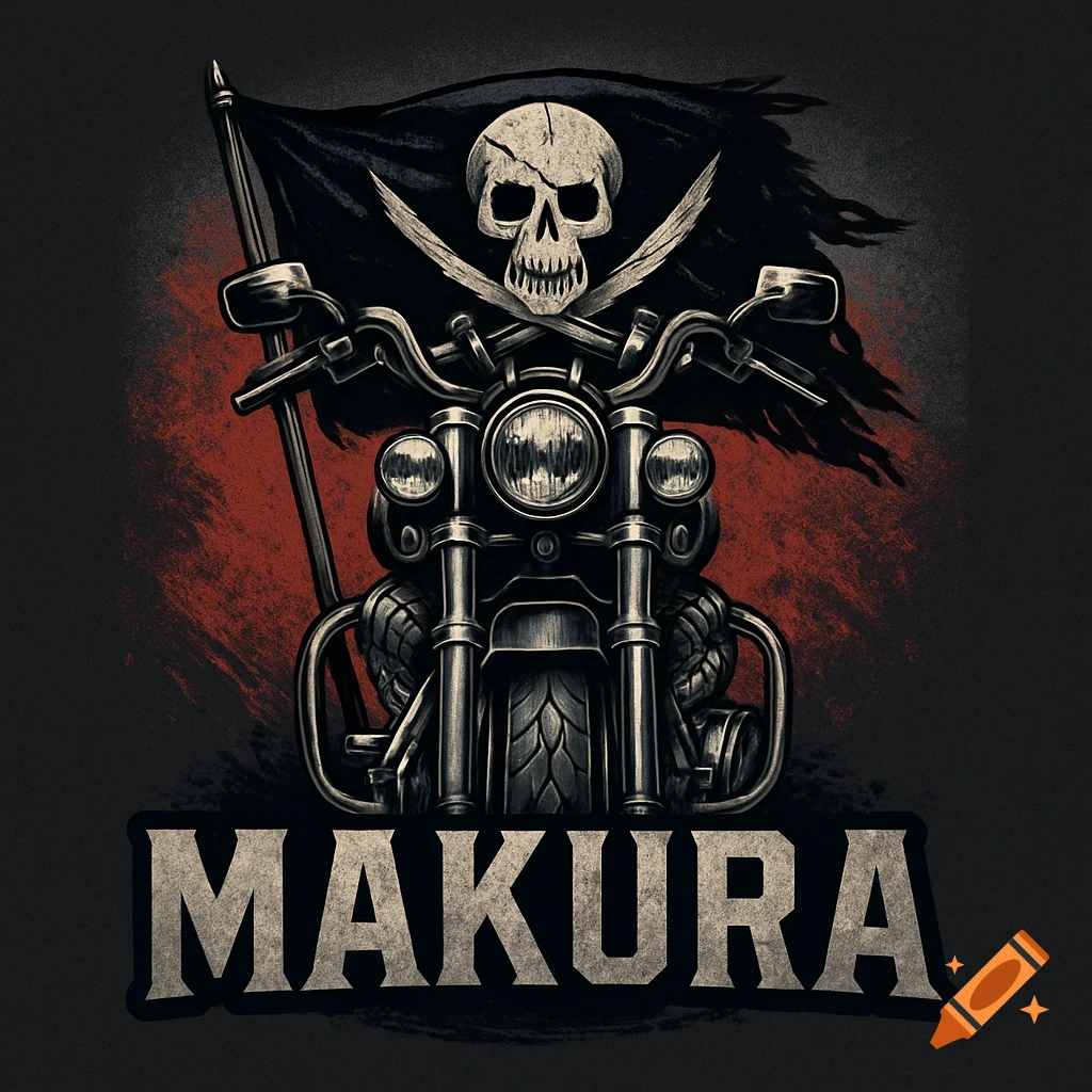 Illustration of a front-facing motorcycle with a skull and crossbones pirate flag background and 'MAKURA' text.