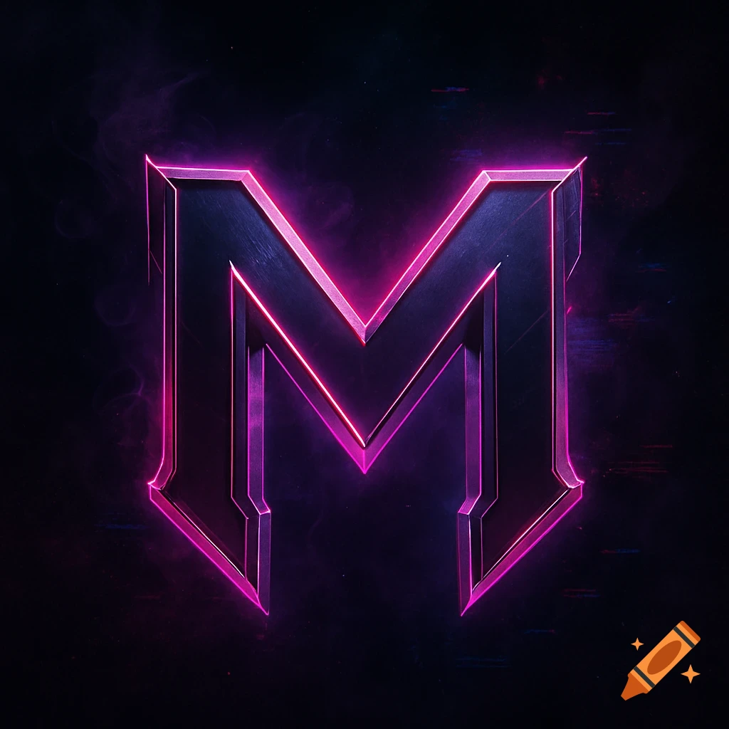 A bold, futuristic letter 'M' glowing with neon pink and purple lights on a dark background with smoke and glitch effects.