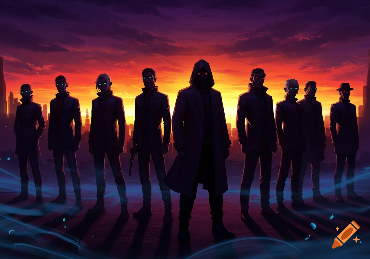 Stylized illustration of nine shadowy figures with glowing eyes standing against a vibrant sunset cityscape.