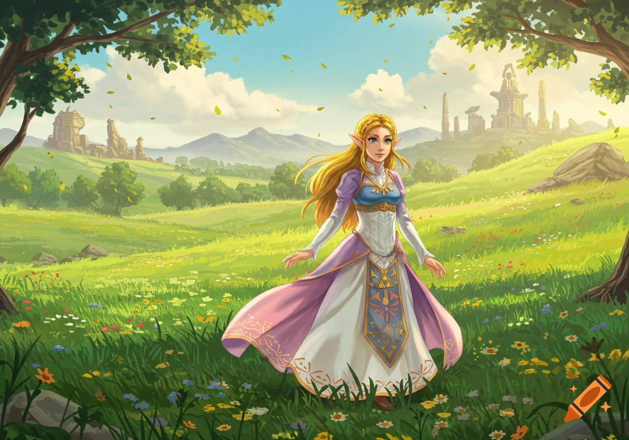A Studio Ghibli style illustration of Princess Zelda in a white, pink, and purple dress, standing in a vibrant green field with wildflowers and distant ruins under a blue sky.