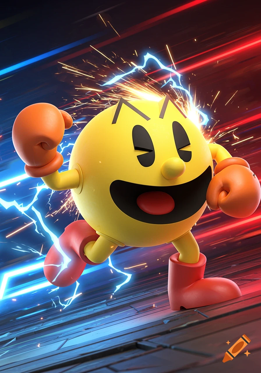 3D Pac-Man wearing orange boxing gloves and red boots, surrounded by blue lightning and yellow sparks in a dynamic, action pose.
