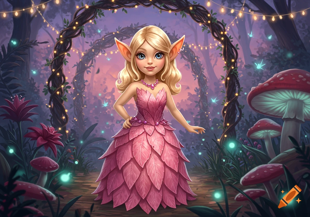 A blonde fairy in a pink leaf dress stands in a magical forest with glowing mushrooms and string lights, in a cartoon style.