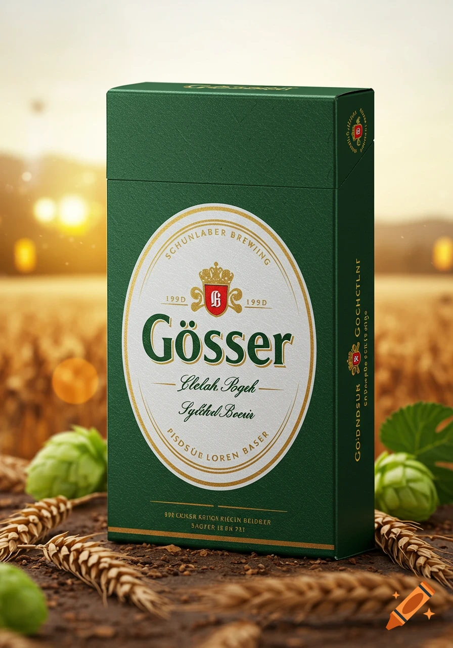 A photorealistic image of a green cigarette pack, branded 'Gösser', resting on a rustic wooden surface with wheat stalks and hops. A blurred golden field under a sunset is in the background.