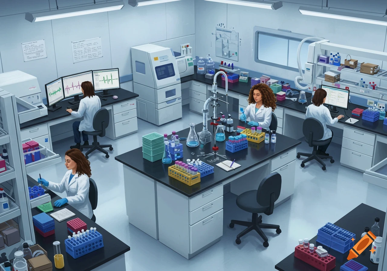 An isometric illustration of a busy molecular biology lab with scientists working at benches and computers, filled with equipment.