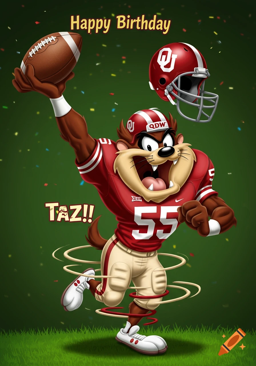 Taz, the Looney Tunes character, in an Oklahoma Sooners football uniform, holds a football up, with "Happy Birthday" and "TAZ!!" banners.