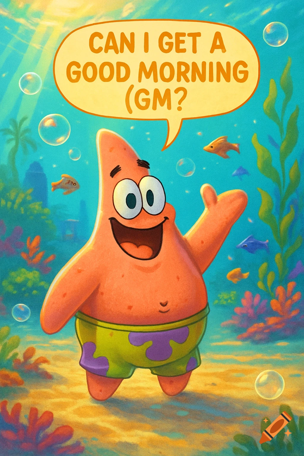 Patrick Star underwater with a speech bubble saying, "CAN I GET A GOOD MORNING (GM?" in a vibrant cartoon style.