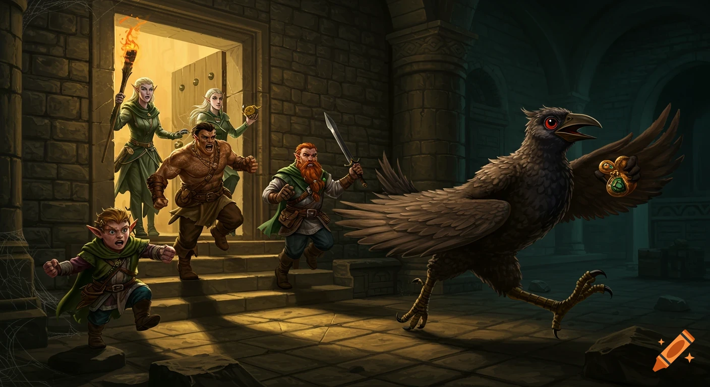 A group of fantasy adventurers, including an elf, dwarf, halfling, and barbarian, chase a bird-like Kenku creature carrying a gem out of a dungeon doorway, DnD style.