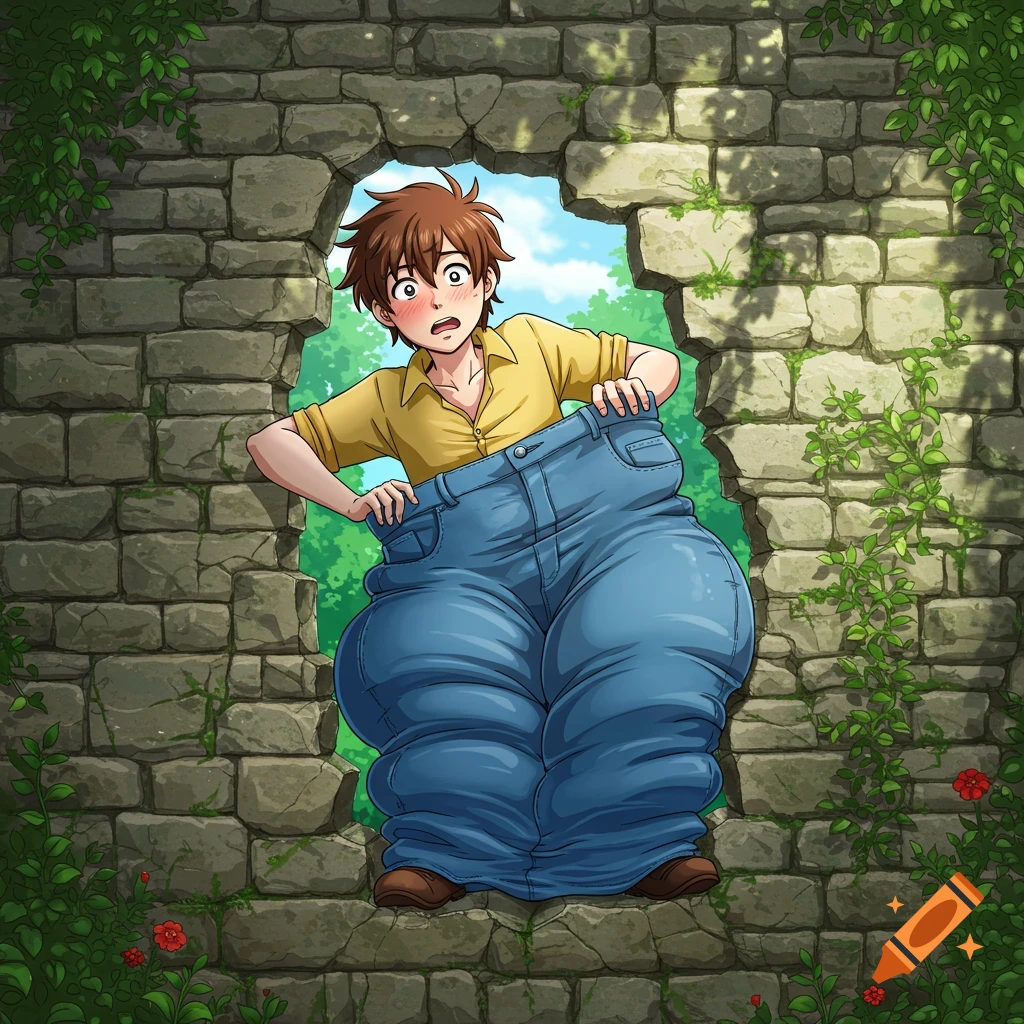 Anime style illustration of a surprised guy with baggy blue jeans stuck in a hole in an ivy-covered stone wall.