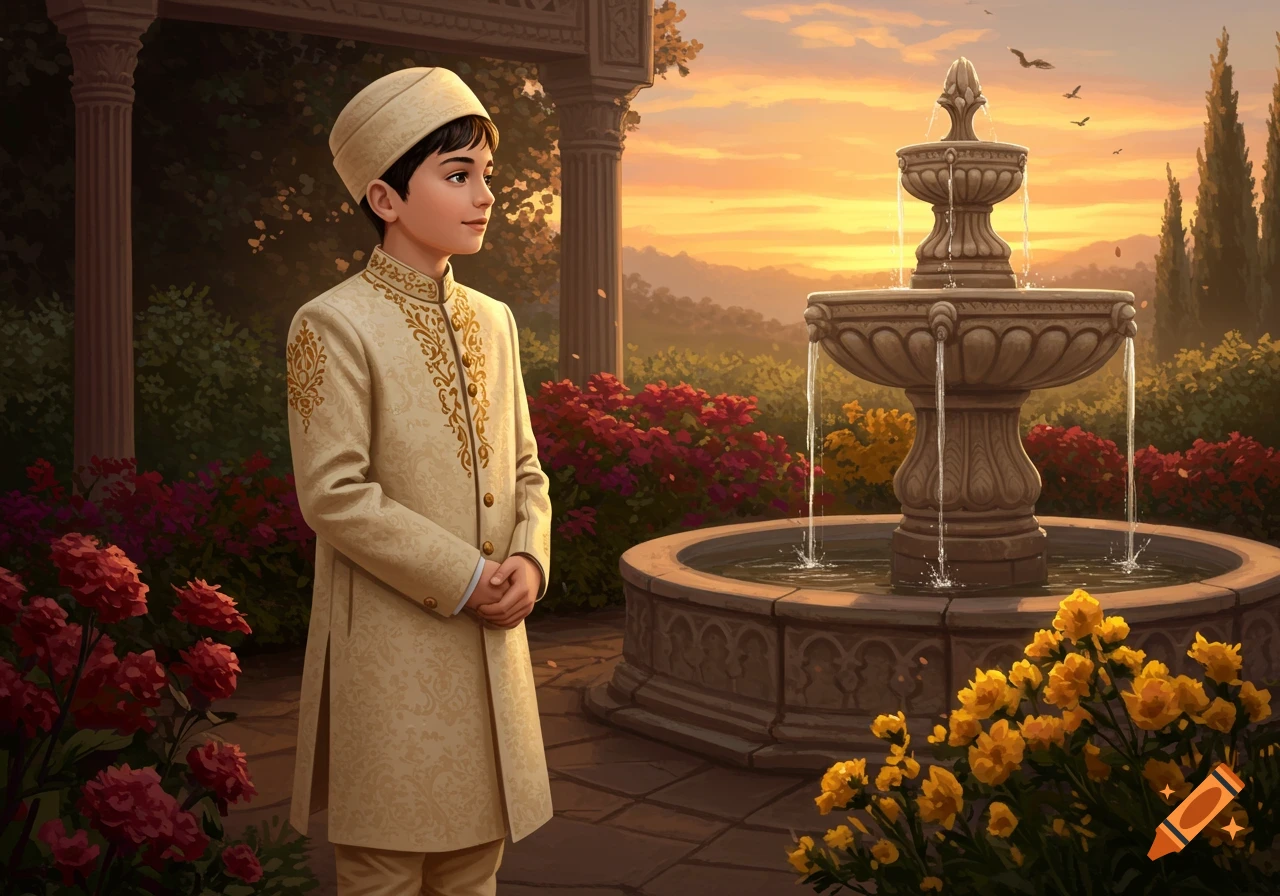 A young boy in traditional cream and gold attire stands in a lush garden with a stone fountain at sunset.