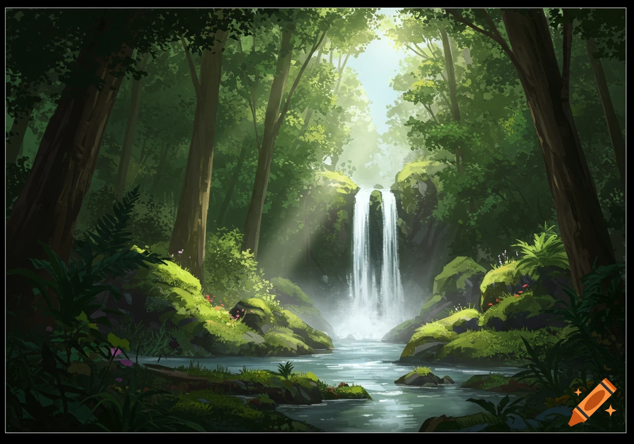 A lush, vibrant forest scene with a flowing waterfall cascading into a rocky stream, bathed in rays of sunlight.
